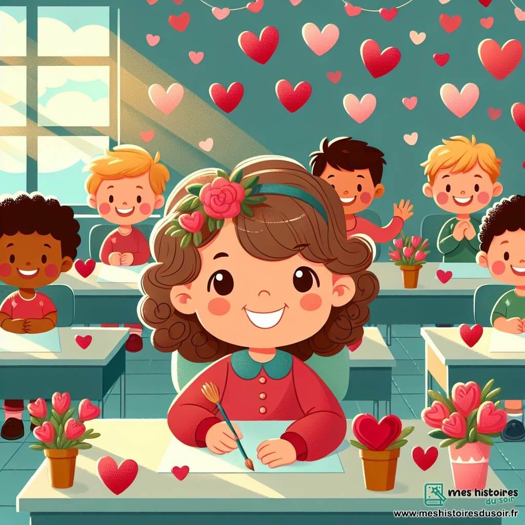 Une illustration destinée aux enfants représentant une charmante fillette aux boucles brunes vivant une Saint-Valentin joyeuse et pleine d'amitié, entourée de ses camarades de classe, dans une salle de classe décorée de cœurs rouges et roses, baignée par la lumière douce du soleil à travers les fenêtres.