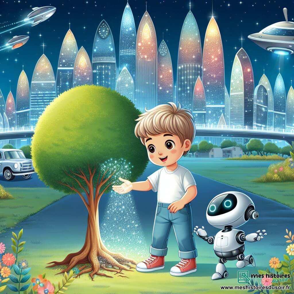 Une illustration destinée aux enfants représentant un jeune garçon curieux découvrant un arbre lumineux, accompagné de son fidèle robot, dans la magnifique cité futuriste d'ÉclatLune, où les buildings brillent comme des étoiles et les voitures volent dans le ciel.