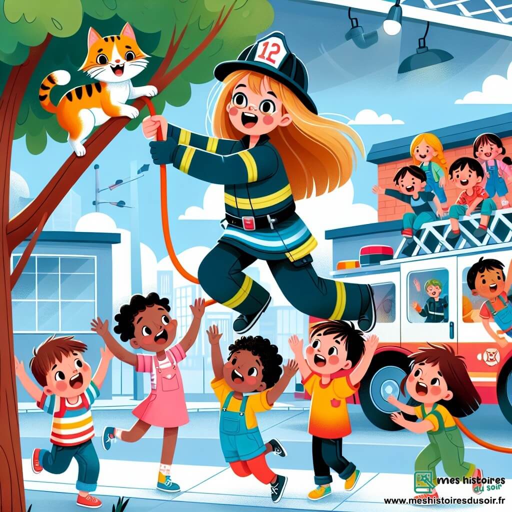 Une illustration destinée aux enfants représentant une jeune femme pompier courageuse en action pour sauver un chat coincé dans un arbre, accompagnée de plusieurs enfants enthousiastes, dans une caserne de pompiers colorée et animée.