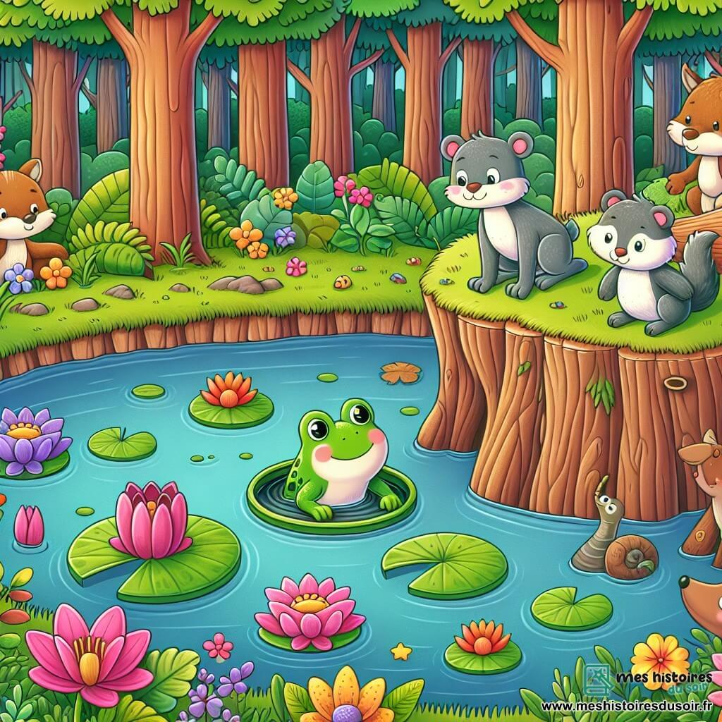 Une illustration destinée aux enfants représentant une grenouille curieuse se retrouvant coincée dans un trou, aidée par des animaux de la forêt, dans un étang entouré de nénuphars colorés et de fleurs vives.