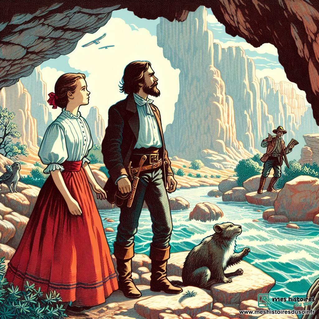 Une illustration destinée aux enfants représentant une jeune femme intrépide, accompagnée d'un éminent scientifique, explorant une grotte mystérieuse au cœur d'un désert aride et envoûtant.