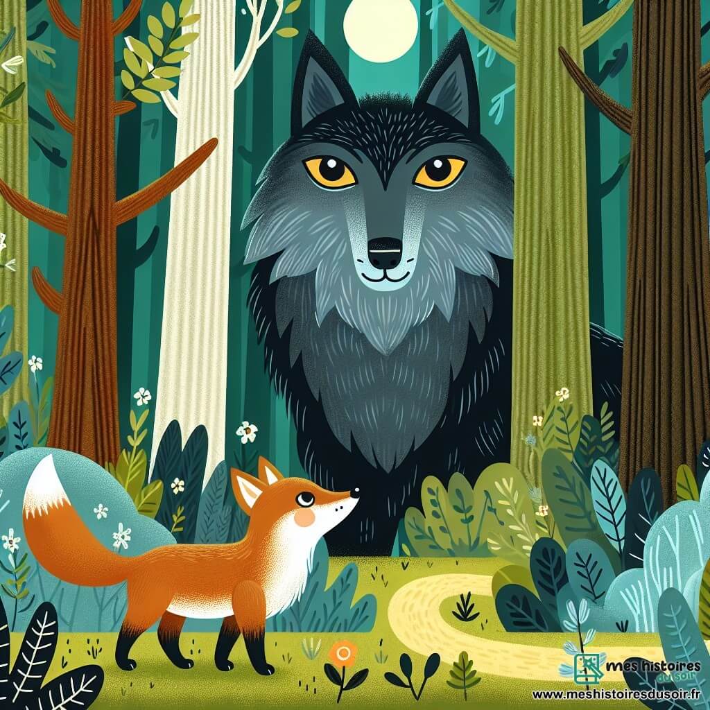 Une illustration destinée aux enfants représentant un loup solitaire aux yeux dorés, une jeune renarde curieuse, dans une dense forêt aux arbres majestueux et aux sentiers mystérieux.