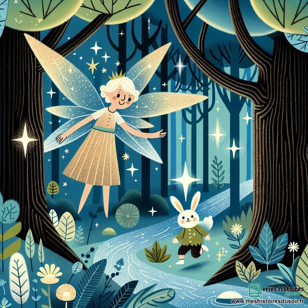 Une illustration destinée aux enfants représentant une fée des étoiles aux ailes scintillantes aidant un petit lapin blanc perdu dans une forêt enchantée aux arbres géants et aux rivières scintillantes.