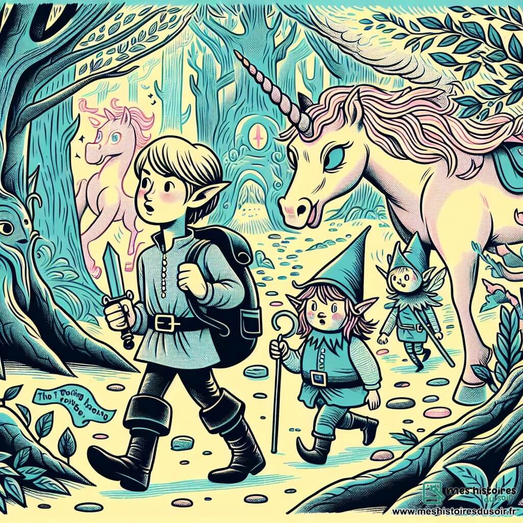 Une illustration destinée aux enfants représentant un jeune garçon intrépide se lançant dans une quête fantastique aux côtés d'un lutin farceur, dans une forêt enchantée aux arbres parlants et licornes roses aux yeux pétillants.