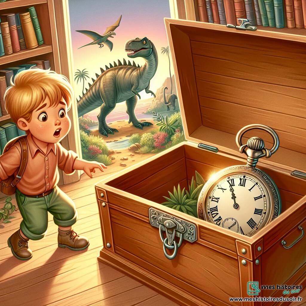 Une illustration destinée aux enfants représentant un jeune garçon curieux et aventureux, découvrant un mystérieux coffre dans le grenier de sa grand-mère, accompagné d'un étrange appareil à gousset, transportant le lecteur dans un paysage préhistorique rempli de dinosaures majestueux.