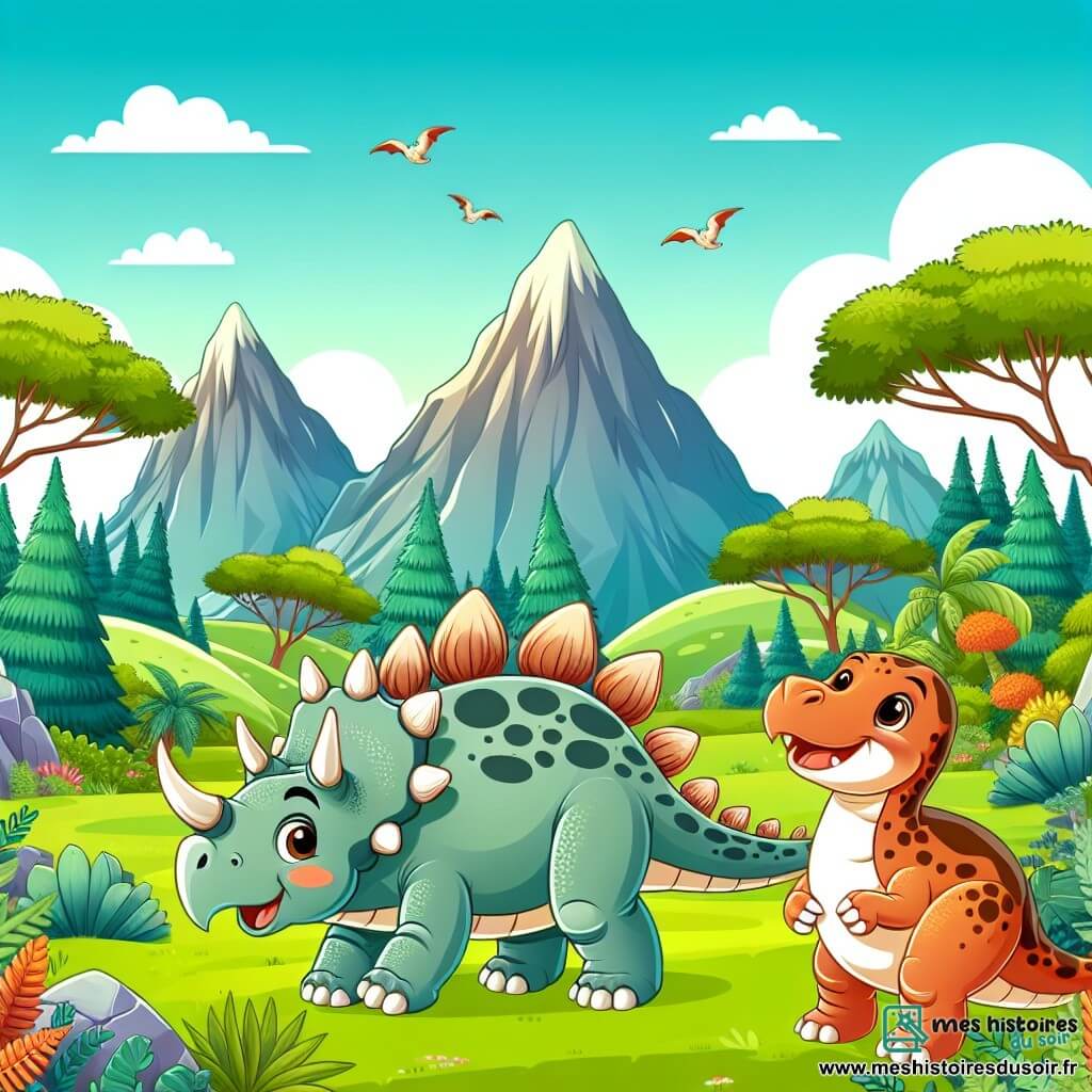 Une illustration destinée aux enfants représentant un jeune stégosaure curieux et intrépide, accompagné d'un tricératops joyeux et courageux, explorant une vallée enchantée des dinosaures, parsemée de végétation luxuriante et de montagnes majestueuses.