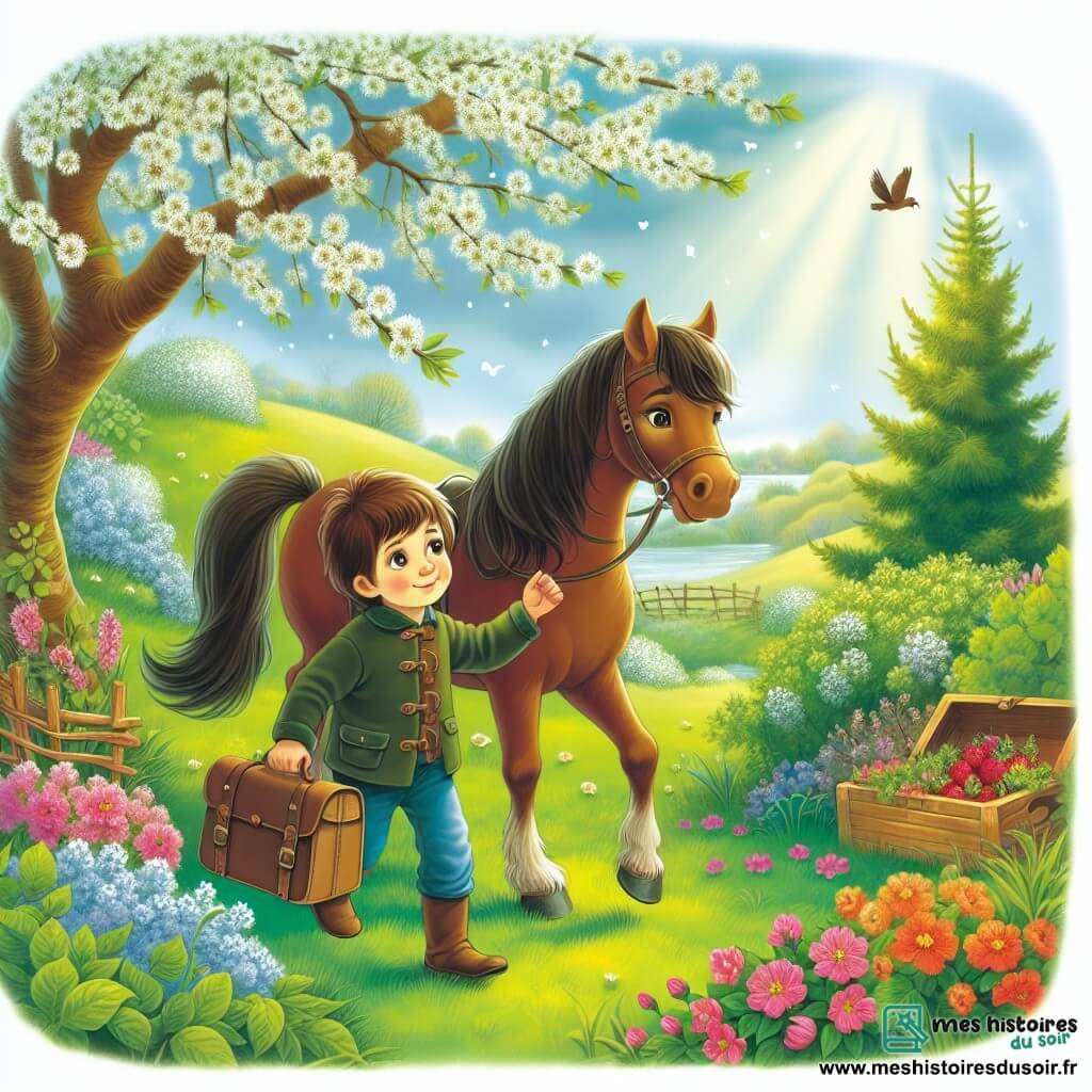 Une illustration destinée aux enfants représentant un garçon curieux explorant la nature printanière, accompagné d'un vieux cheval au pelage marron, dans un jardin fleuri aux couleurs vives et aux bourgeons éclos, baigné par la lumière douce du soleil.