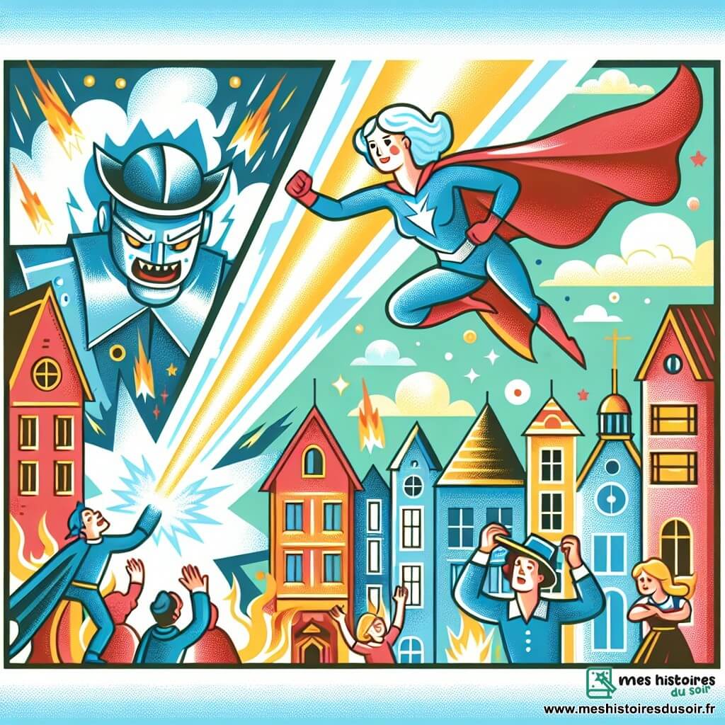 Une illustration destinée aux enfants représentant une super-héroïne au costume bleu éclatant, volant au-dessus d'une ville aux bâtiments colorés, affrontant un scientifique maléfique avec un rayon destructeur, tandis que les habitants regardent avec admiration et espoir.