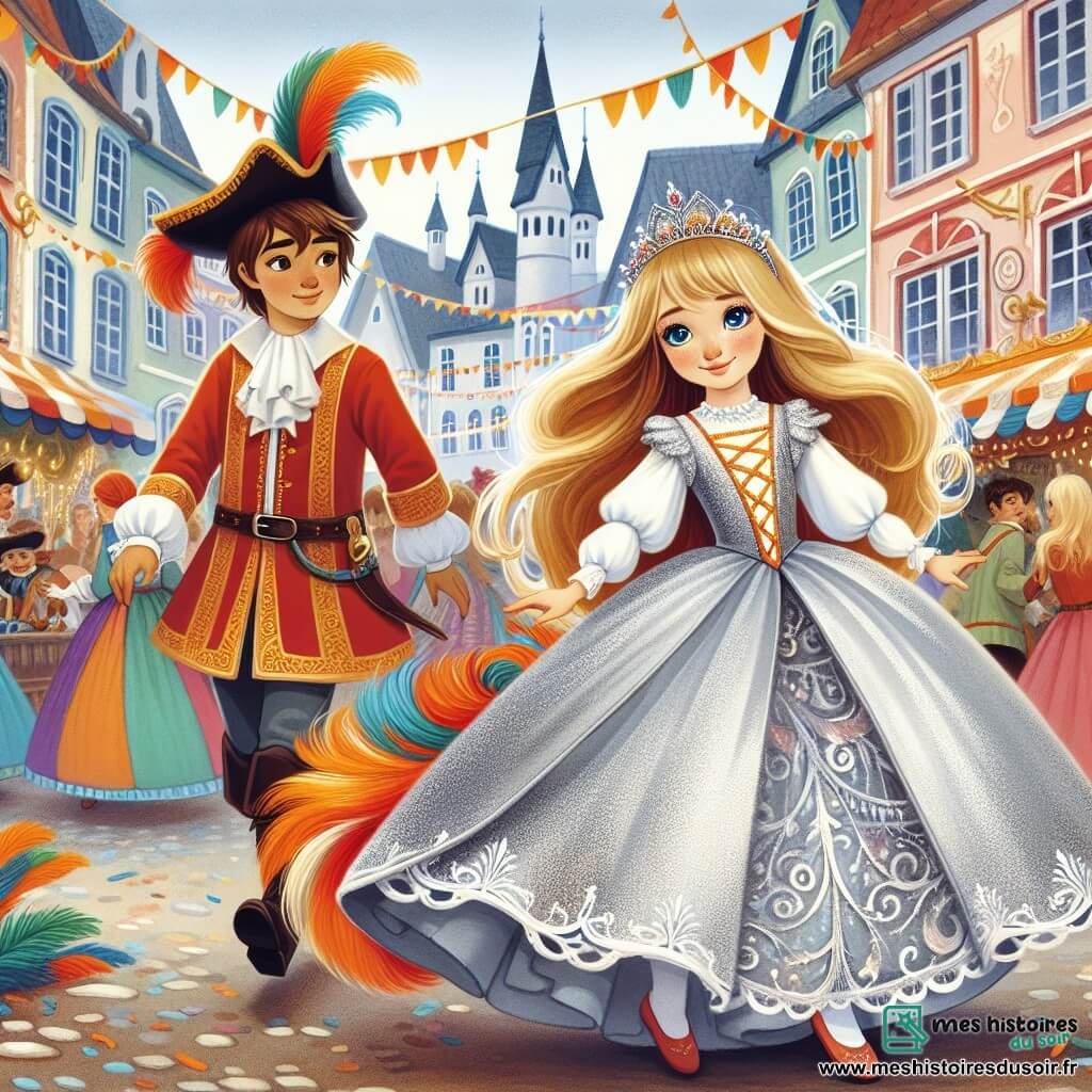 Une illustration destinée aux enfants représentant une jeune fille, vêtue d'une robe de princesse argentée, vivant des aventures magiques avec son ami, un garçon déguisé en pirate, dans les rues animées et colorées d'un village pendant le carnaval.