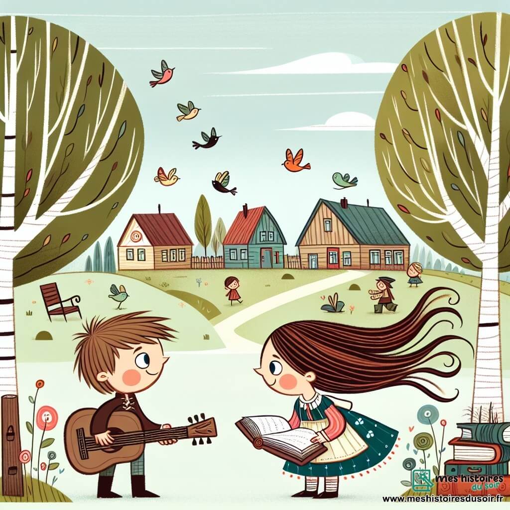 Une illustration destinée aux enfants représentant un garçon curieux et ouvert d'esprit, faisant la rencontre d'une fille timide et créative, dans une petite ville paisible où les arbres dansent avec le vent et les oiseaux chantent gaiement.