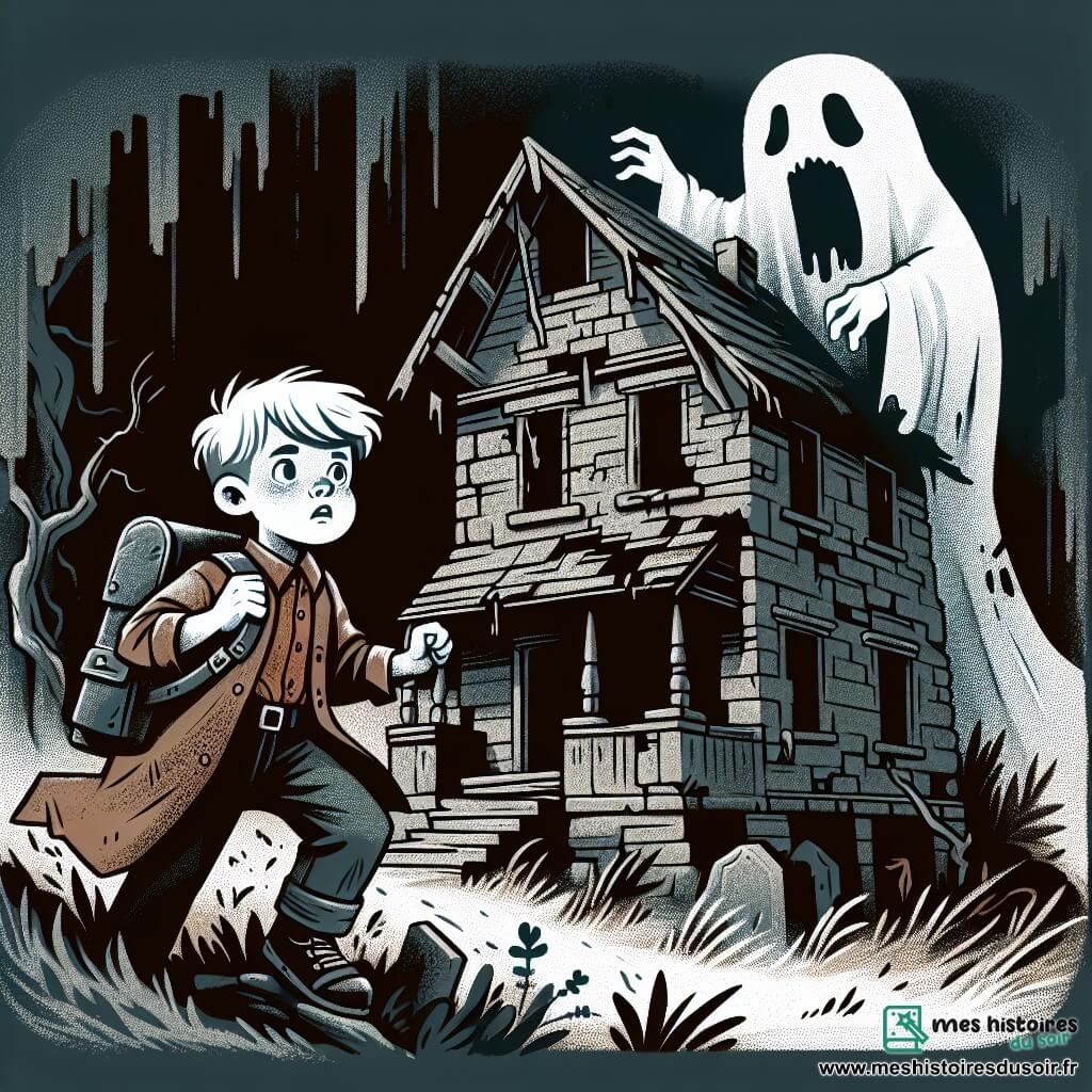Une illustration destinée aux enfants représentant un jeune garçon courageux explorant une maison hantée avec un spectre tourmenté, dans une demeure lugubre aux murs sombres et décrépis, envahie par une atmosphère lourde et oppressante.