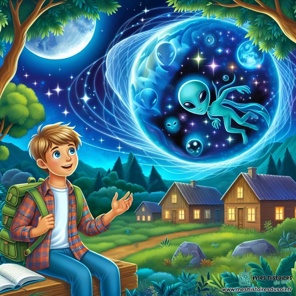 Une illustration destinée aux enfants représentant une jeune rêveuse, curieuse et aventurière, découvrant un astre mystérieux avec des extraterrestres fascinants, dans un village paisible entouré d'une forêt verdoyante et d'une lueur bleue électrique éblouissante.