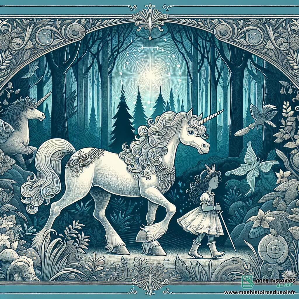 Une illustration destinée aux enfants représentant une licorne majestueuse, une petite fille curieuse et la forêt enchantée, où une aventure magique se prépare.