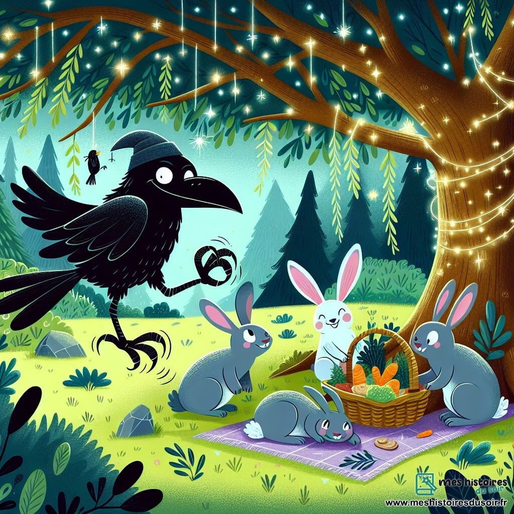 Une illustration destinée aux enfants représentant un corbeau espiègle jouant des tours dans une forêt enchantée, accompagné d'une famille de lapins joyeux en train de pique-niquer sous un arbre aux feuilles chatoyantes.