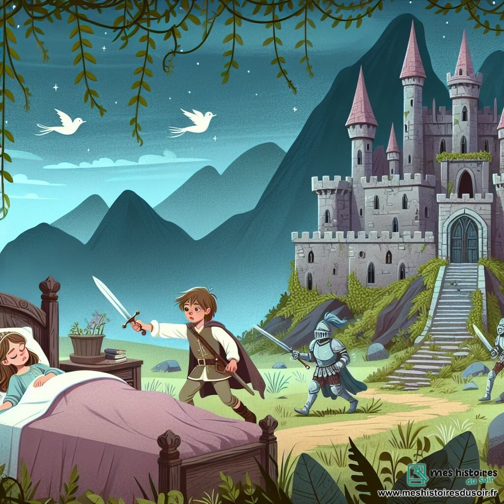Une illustration destinée aux enfants représentant une jeune fille endormie dans un château en ruines, réveillée par un courageux garçon lors d'une quête à travers un royaume envahi par la végétation et habité par des créatures fantastiques.