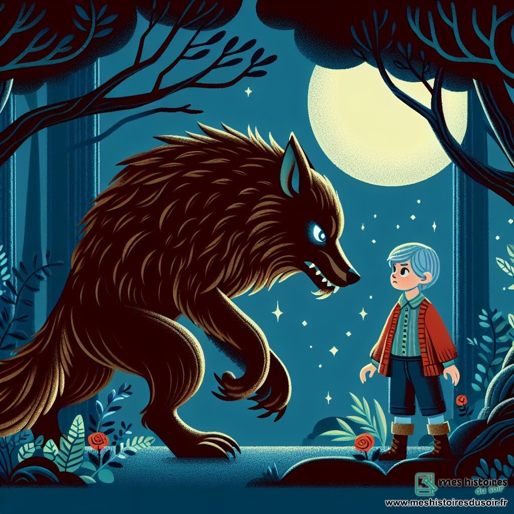 Une illustration destinée aux enfants représentant un petit garçon courageux affrontant un grand méchant loup menaçant dans une forêt sombre et mystérieuse, avec sa maman bienveillante à ses côtés.