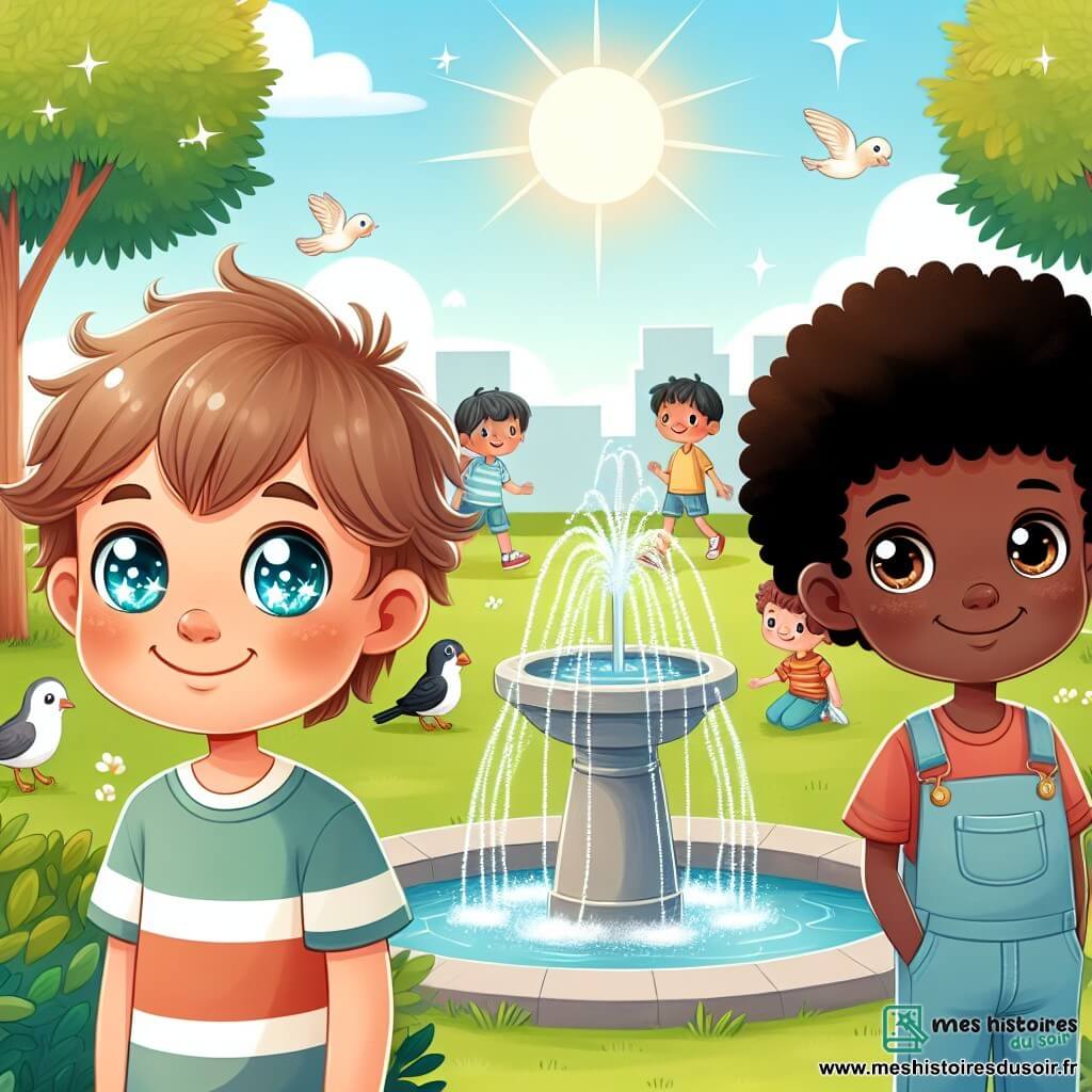 Une illustration destinée aux enfants représentant un garçon aux yeux pétillants se tenant près d'une fontaine dans un parc ensoleillé, accompagné d'un garçon d'origine africaine aux cheveux bouclés, avec des oiseaux chantant et des enfants jouant en arrière-plan.