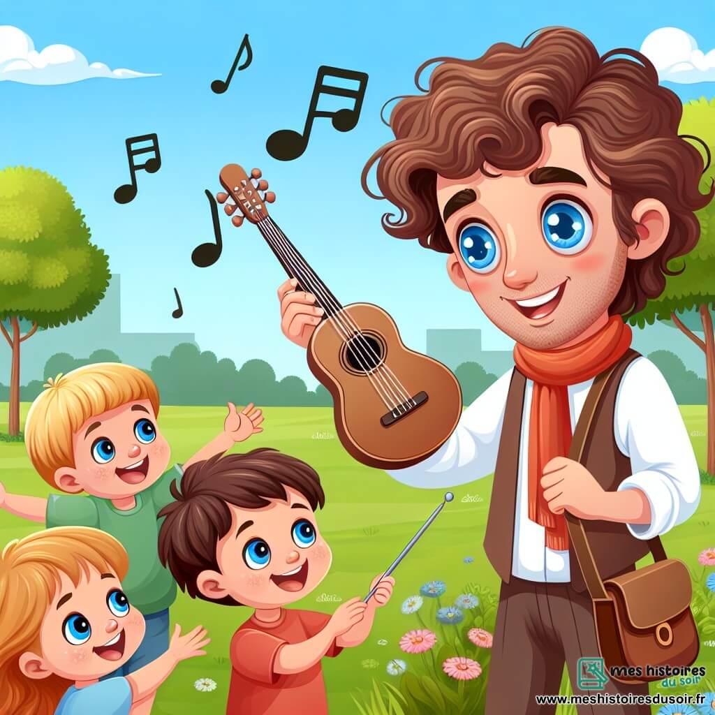 Une illustration destinée aux enfants représentant un homme aux grands yeux bleus et cheveux bruns bouclés, découvrant son talent pour la musique en partageant des chansons avec des enfants joyeux dans un parc verdoyant et ensoleillé.