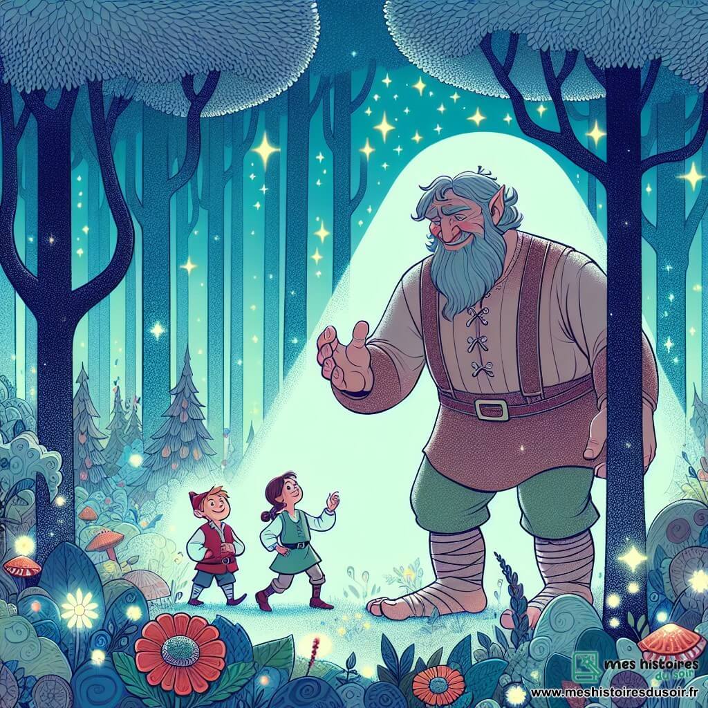 Une illustration destinée aux enfants représentant un géant imposant et bienveillant se trouvant en difficulté, accompagné d'une jeune fille courageuse et d'un petit lutin espiègle, dans une forêt enchantée aux arbres majestueux et aux fleurs lumineuses.