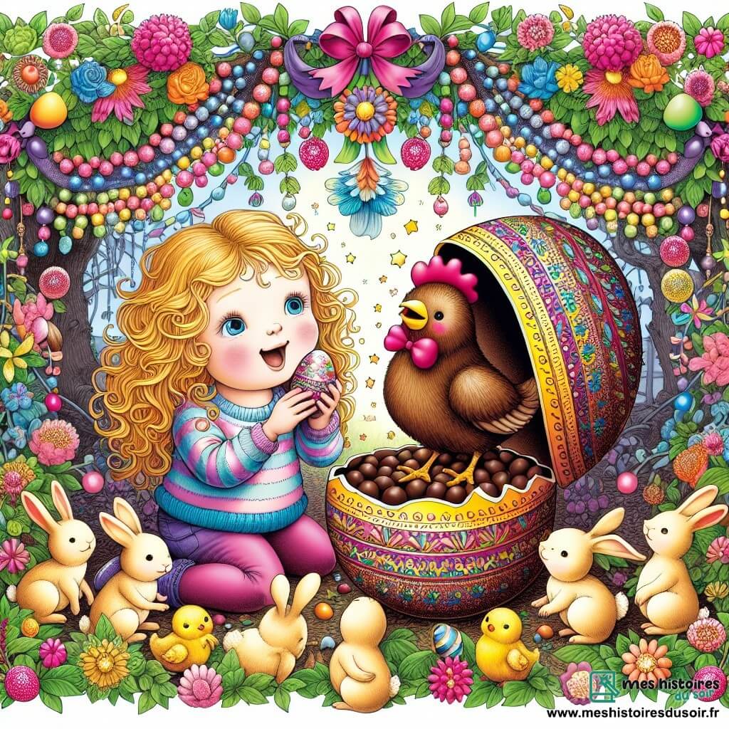 Une illustration destinée aux enfants représentant une fille aux boucles blondes, découvrant un œuf magique avec une poule en chocolat joyeuse dans un jardin décoré de guirlandes colorées et de petits lapins en chocolat.