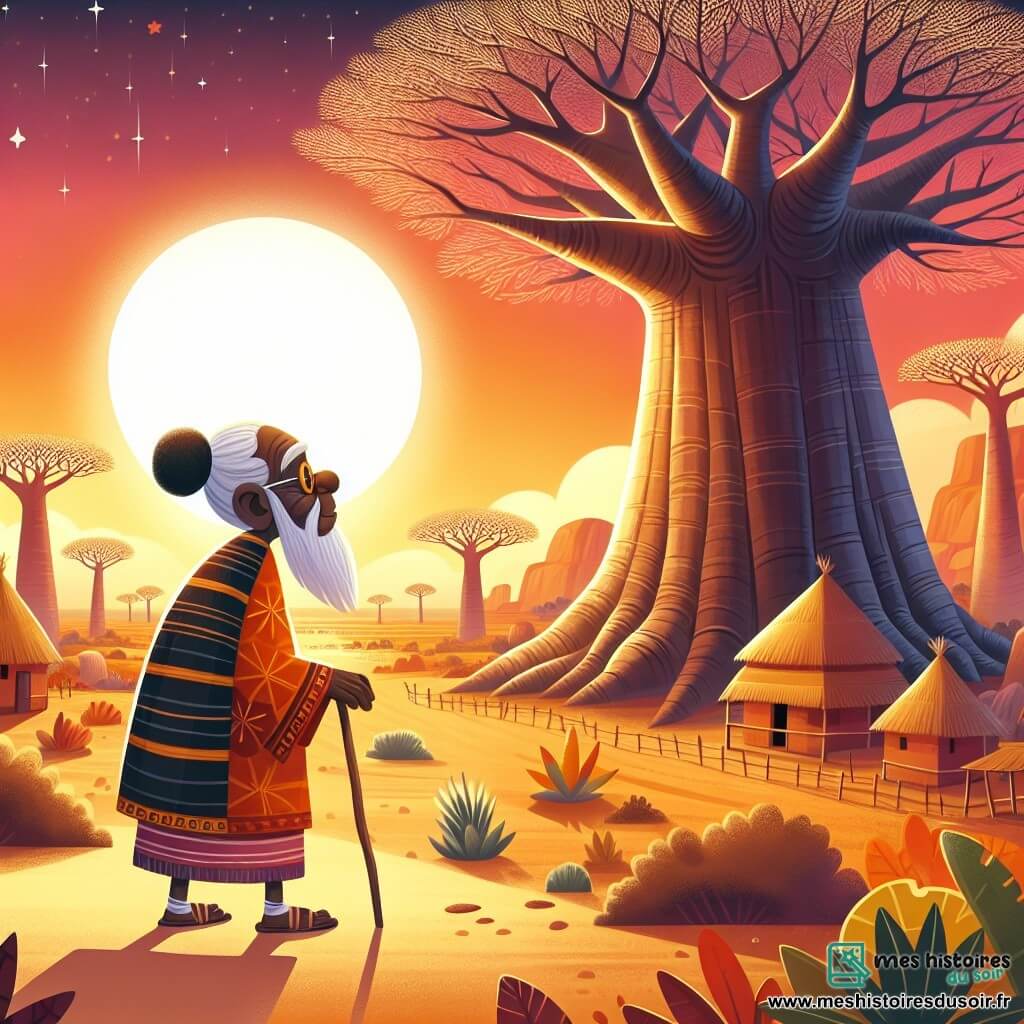 Une illustration destinée aux enfants représentant un homme sage en quête de sagesse, écoutant les conseils d'un arbre géant majestueux, dans un village africain baigné par le soleil couchant et entouré de baobabs centenaires.