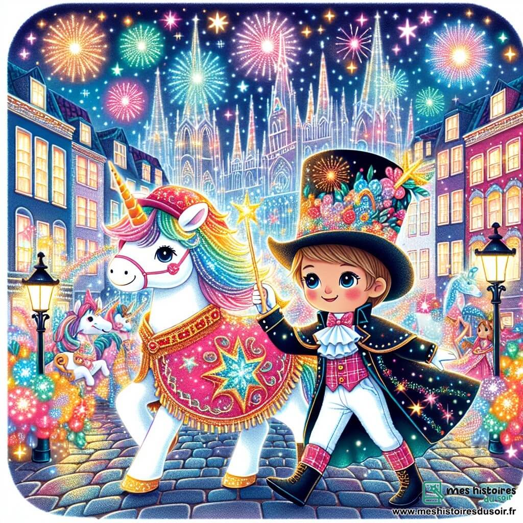 Une illustration destinée aux enfants représentant un jeune garçon costumé en magicien, accompagné d'une licorne étincelante, évoluant dans une ville illuminée par des guirlandes multicolores et des feux d'artifice lors d'un carnaval sur le thème des Créatures Magiques.