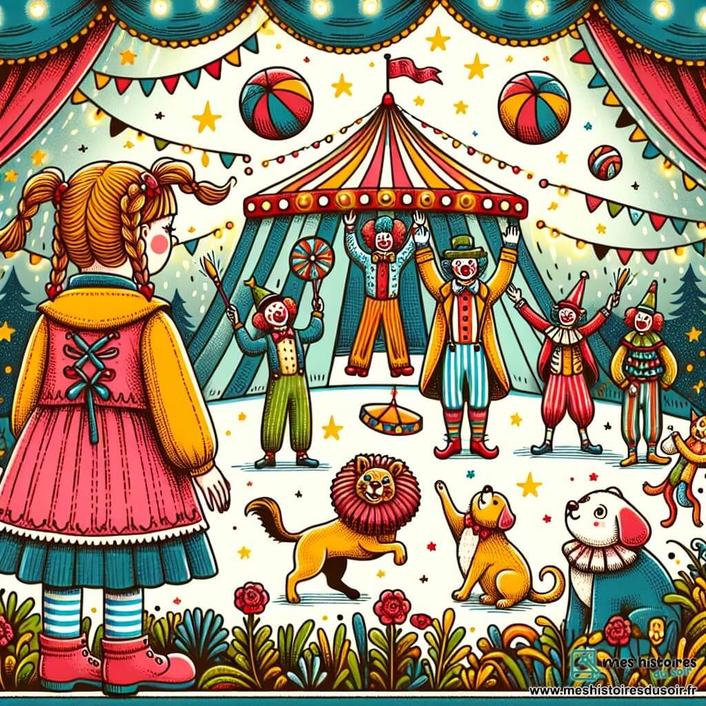 Une illustration destinée aux enfants représentant une fillette observant un spectacle de cirque incroyable, accompagnée d'un clown rigolo, entourée d'animaux jongleurs et acrobates, dans une grande tente colorée aux drapeaux flottants et aux lumières scintillantes.