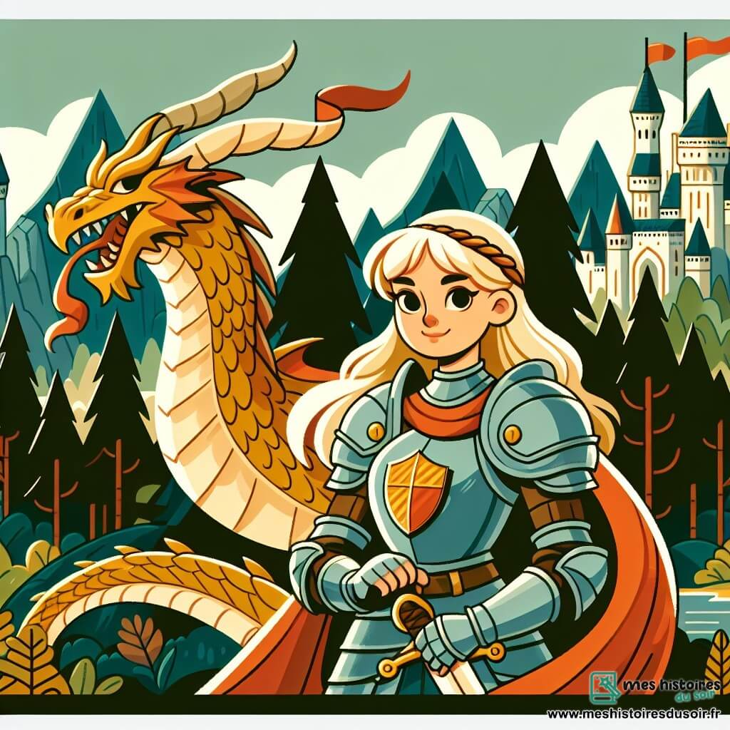 Une illustration destinée aux enfants représentant une chevaleresse courageuse se tenant fièrement devant une forêt mystérieuse, accompagnée d'un dragon majestueux aux écailles dorées, dans un royaume lointain aux châteaux imposants et aux montagnes escarpées.