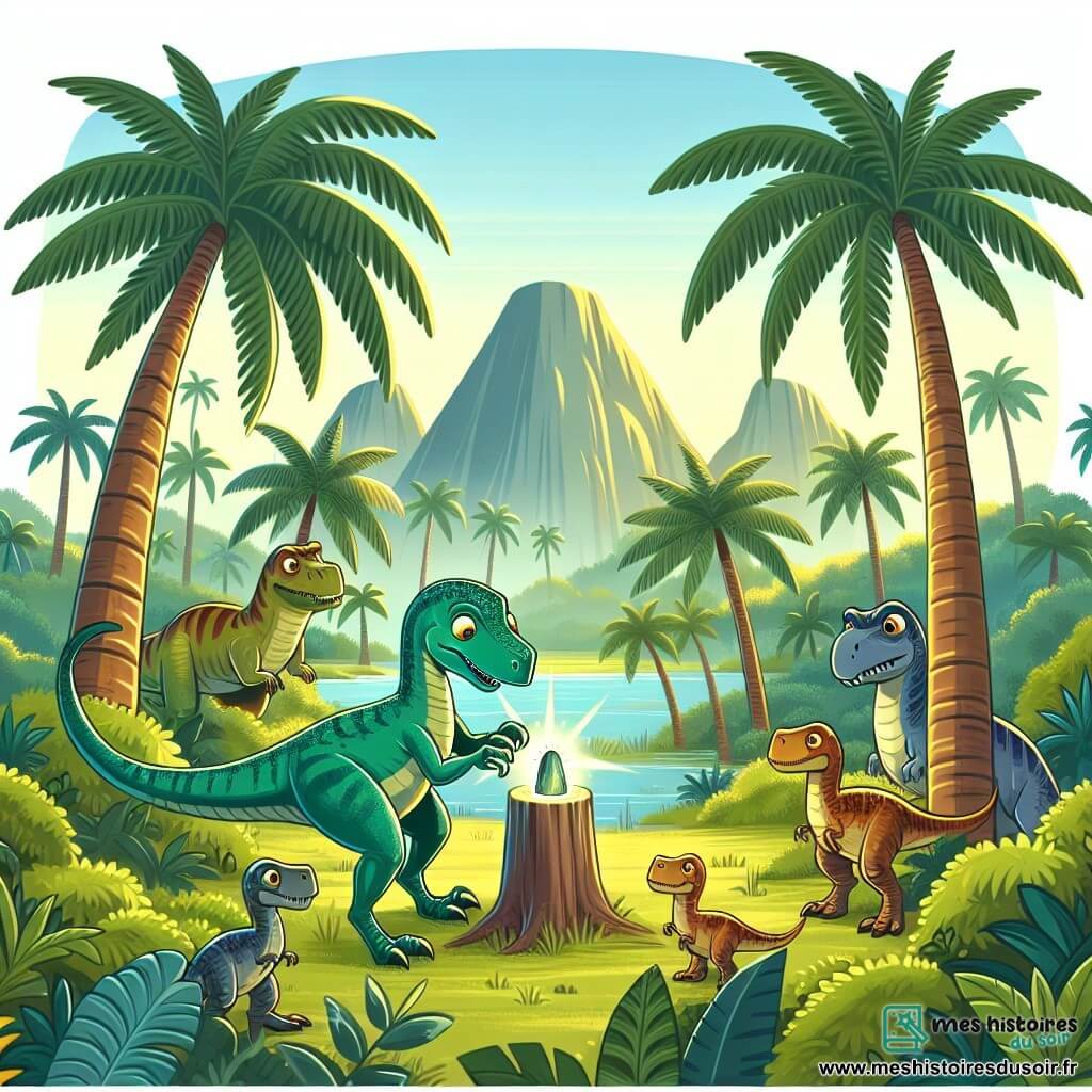 Une illustration destinée aux enfants représentant un vélociraptor curieux découvrant un mystérieux pouvoir, accompagné de ses amis dinosaures, dans une vallée verdoyante parsemée de grands palmiers majestueux.