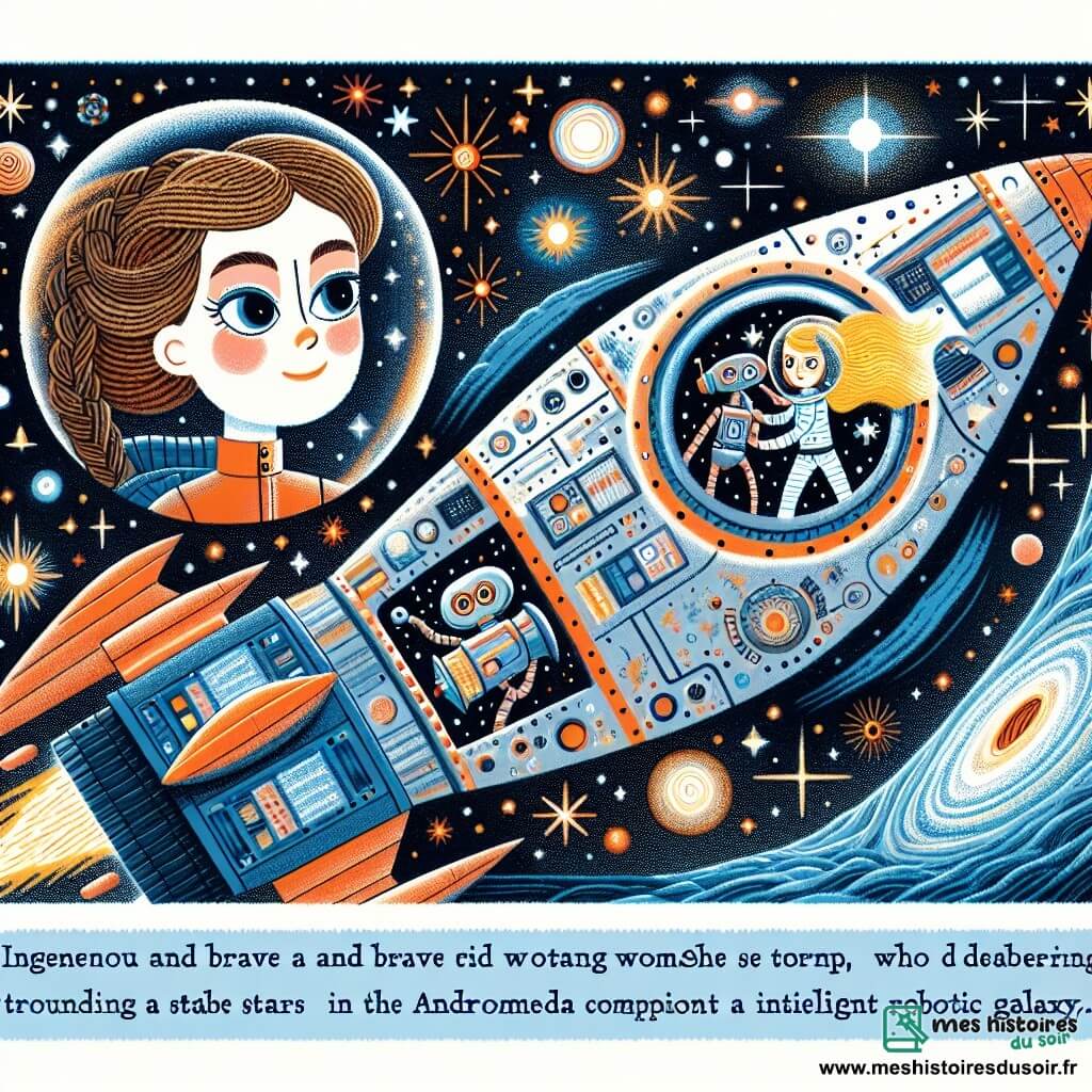 Une illustration destinée aux enfants représentant une jeune femme courageuse et ingénieuse, confrontée à une tempête cosmique à bord d'un vaisseau spatial avec un robot intelligent comme compagnon, voguant à travers les étoiles scintillantes de la Galaxie d'Andromède.