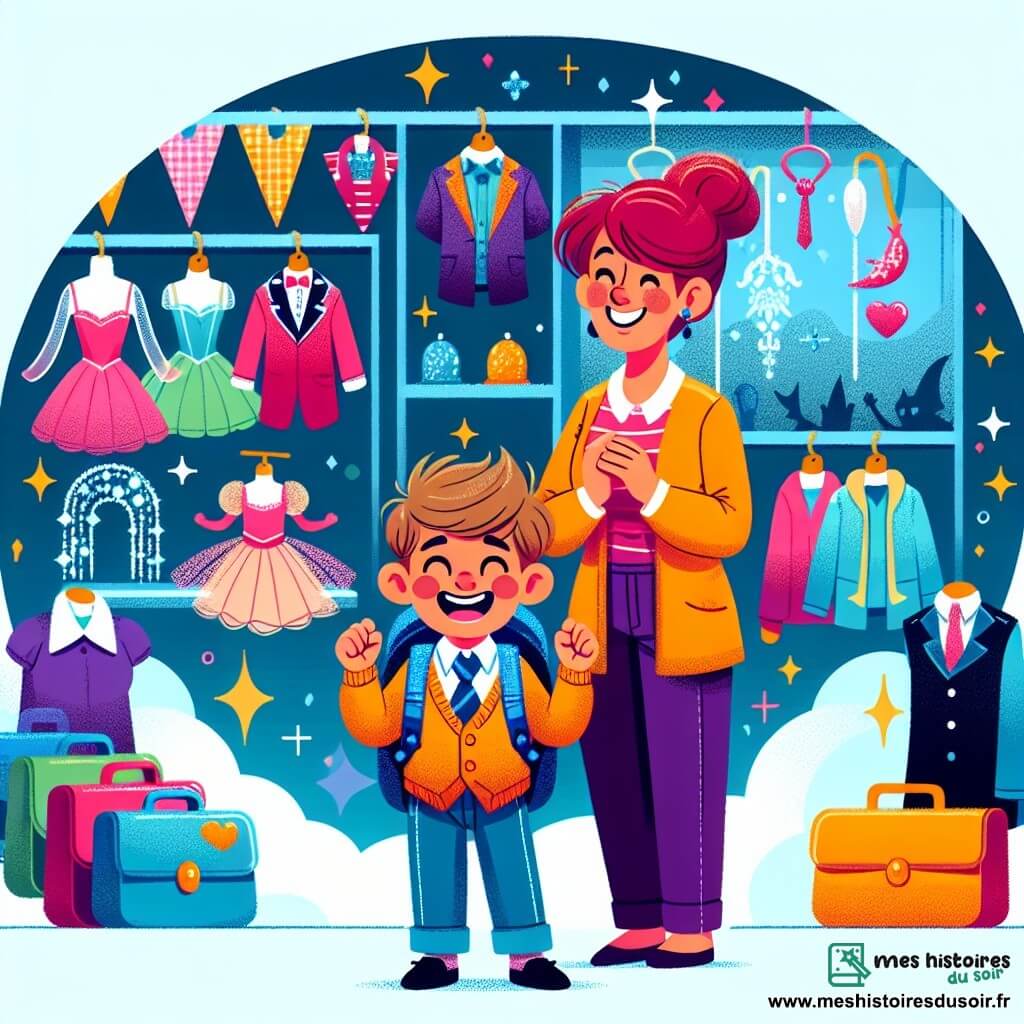 Une illustration destinée aux enfants représentant un garçon plein d'énergie et d'imagination se préparant pour une fête d'Halloween à l'école, avec sa maman souriante à ses côtés, dans un magasin de costumes coloré et rempli d'accessoires étincelants.