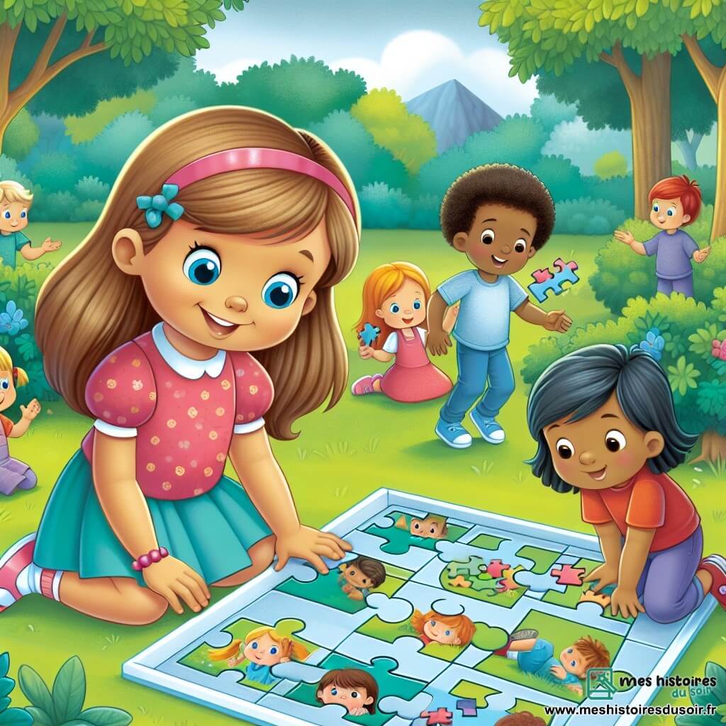 Une illustration destinée aux enfants représentant une petite fille curieuse et pleine d'énergie, accompagnée de ses amis, résolvant des énigmes dans un parc paisible et verdoyant.