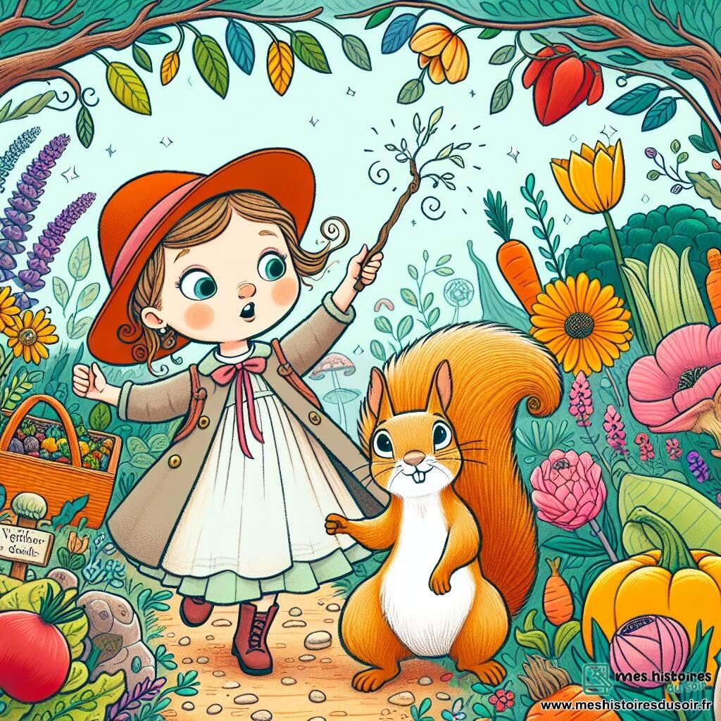 Une illustration destinée aux enfants représentant une fillette déterminée à trouver le cadeau parfait pour son papa, aidée par un écureuil magique, dans un jardin merveilleux rempli de fleurs multicolores et de légumes géants qui ne fanent jamais.