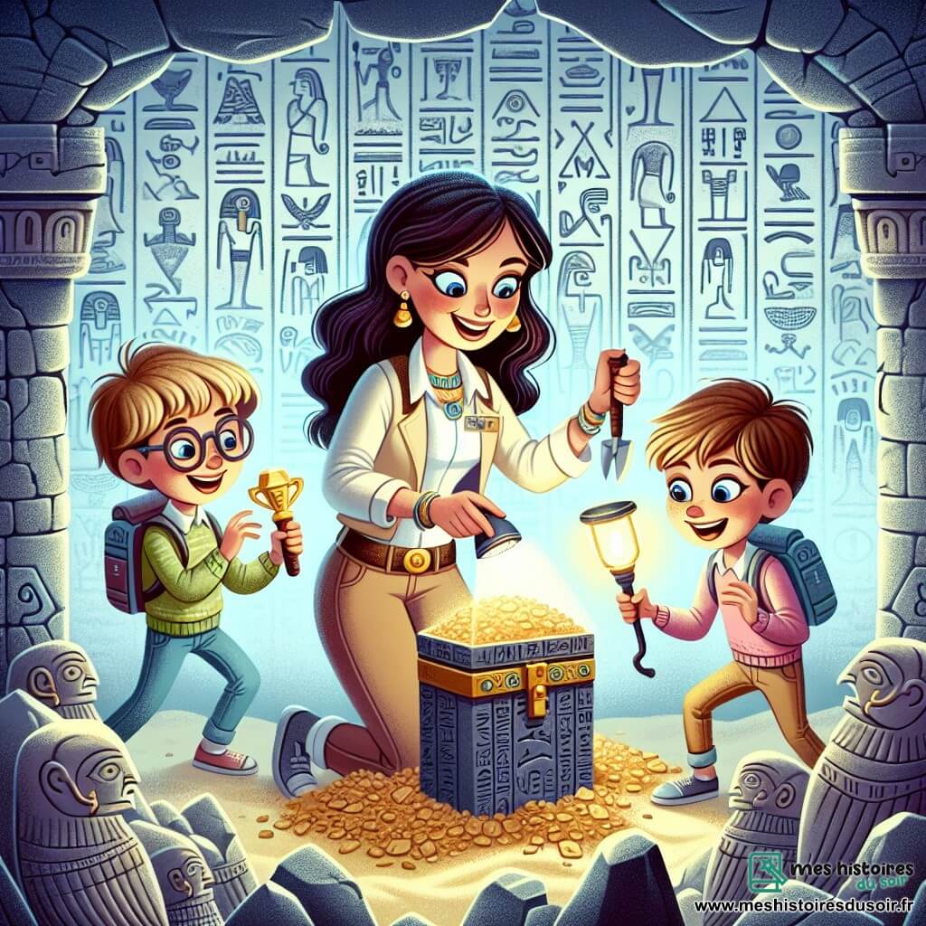 Une illustration destinée aux enfants représentant une archéologue passionnée (femme) découvrant un trésor avec deux jeunes apprentis archéologues (un garçon et une fille) dans un temple ancien orné de hiéroglyphes mystérieux.