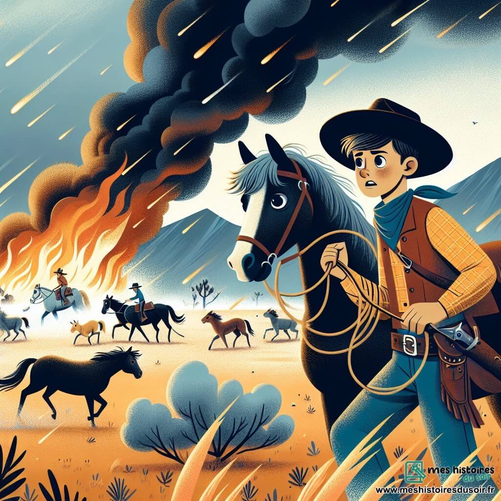 Une illustration destinée aux enfants représentant une jeune cow-girl courageuse affrontant un incendie pour sauver des animaux, accompagnée de son fidèle étalon noir, dans les vastes plaines sauvages de l'Ouest américain.