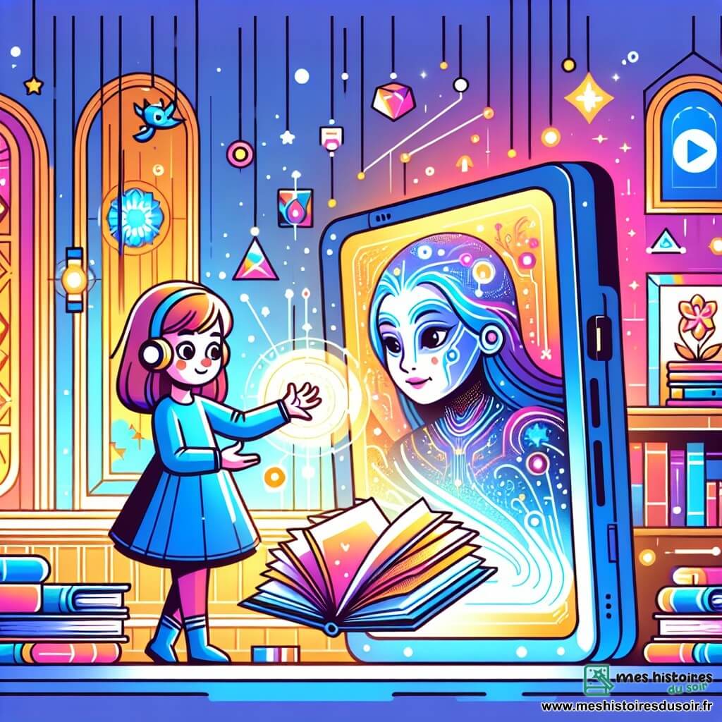 Une illustration destinée aux enfants représentant une jeune fille curieuse découvrant un livre magique sur les écrans, accompagnée d'un écran parlant mystérieux, dans une chambre lumineuse aux murs ornés de motifs numériques colorés.