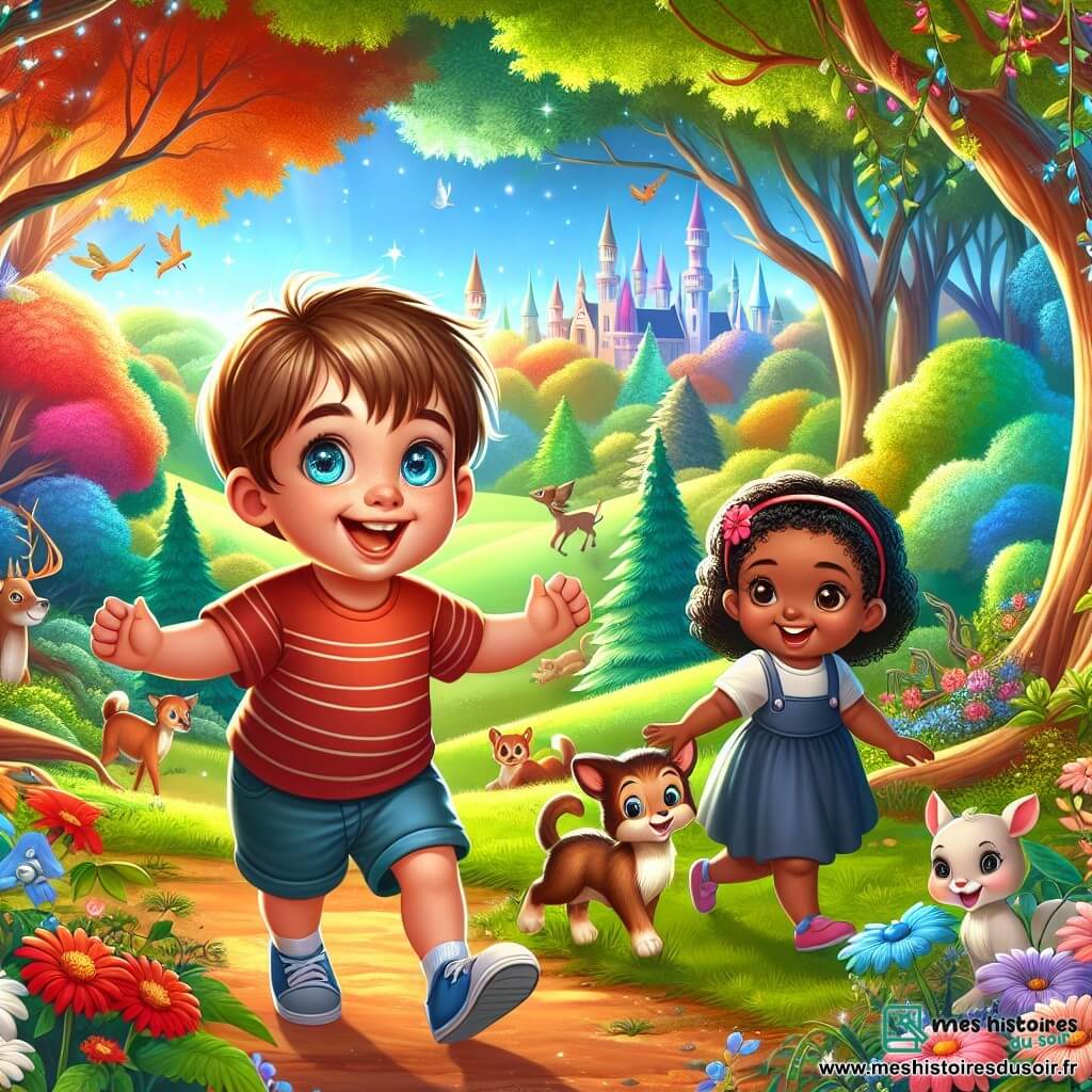 Une illustration destinée aux enfants représentant un joyeux petit garçon aux yeux pétillants découvrant une clairière enchantée en compagnie d'une nouvelle amie, une petite fille aux cheveux noirs, dans un parc coloré entouré d'arbres majestueux et d'animaux curieux.