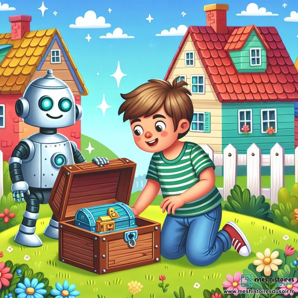 Une illustration destinée aux enfants représentant un garçon curieux découvrant un coffret mystérieux dans le grenier de sa maison, accompagné d'un robot amical, dans un village paisible aux maisons colorées et aux jardins fleuris.