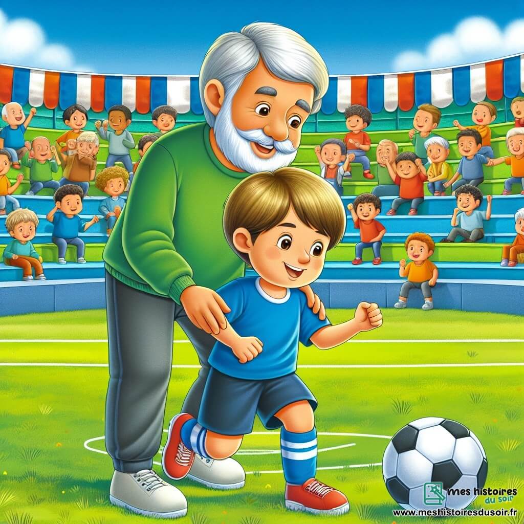 Une illustration destinée aux enfants représentant un jeune garçon passionné de football, accompagné d'un ancien joueur professionnel, évoluant sur un terrain de football verdoyant entouré de tribunes colorées et de supporters enthousiastes.
