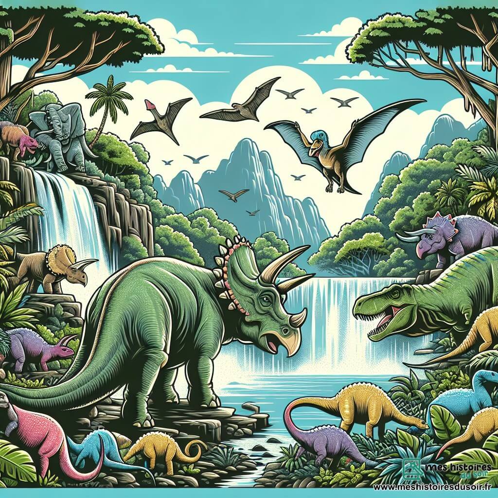 Une illustration destinée aux enfants représentant un tricératops aventurier se tenant devant une cascade impétueuse, accompagné d'un ptérodactyle volant dans le ciel, dans une jungle luxuriante peuplée de dinosaures colorés.