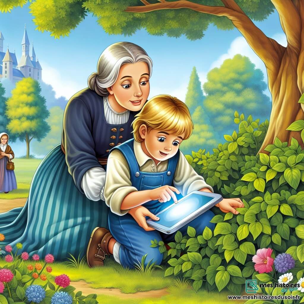 Une illustration destinée aux enfants représentant un petit garçon curieux découvrant une tablette électronique brillante sous un buisson, accompagné de sa mère, une femme aimante et préoccupée, dans un parc verdoyant aux arbres majestueux et au sol recouvert de fleurs colorées.