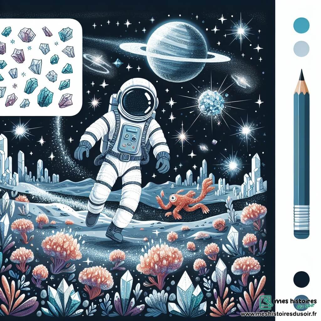 Une illustration destinée aux enfants représentant un voyageur de l'espace courageux se retrouvant sur une planète scintillante peuplée de créatures cristallines étranges, dans une galaxie lointaine.