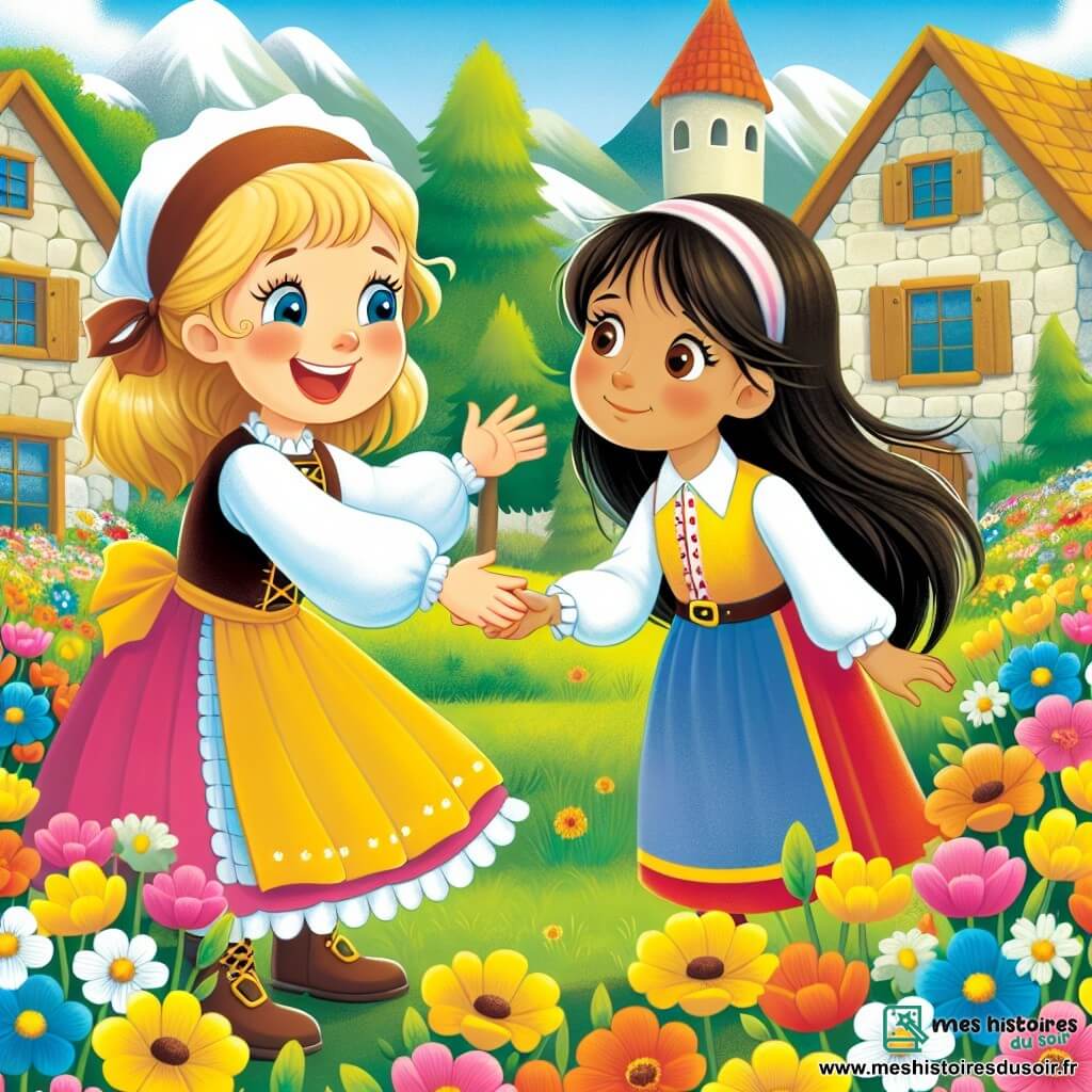 Une illustration destinée aux enfants représentant une fillette joyeuse découvrant une nouvelle amitié avec une petite fille timide venant d'un pays lointain, dans un village pittoresque entouré de champs de fleurs colorées et de maisons en pierre.
