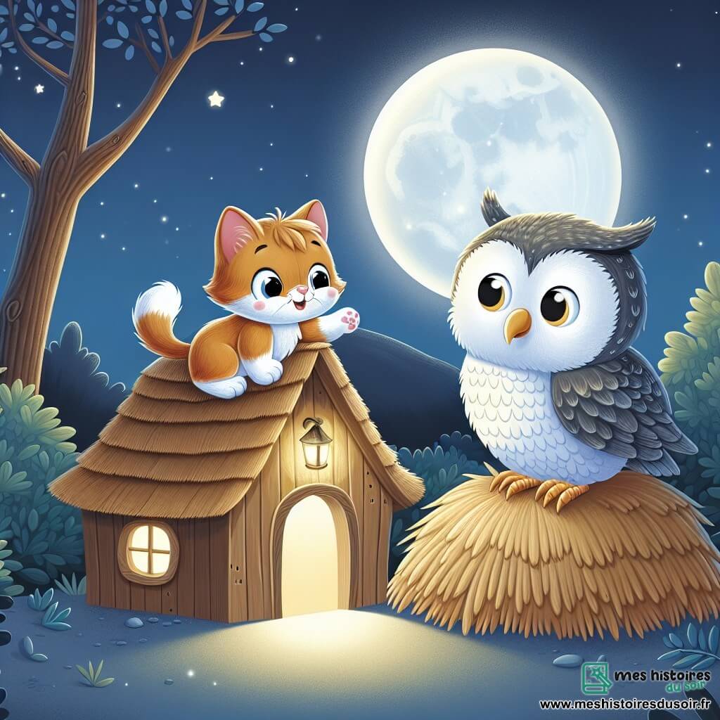 Une illustration destinée aux enfants représentant un chaton curieux et joueur, se liant d'amitié avec un hibou sage, dans une petite maison au toit de chaume, éclairée par la lueur argentée de la Lune.