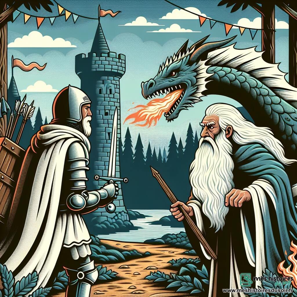 Une illustration destinée aux enfants représentant une chevalière intrépide affrontant un dragon cracheur de feu aux abords d'une forêt dense et sombre, accompagnée d'un vieux sage sorcier barbu, dans un royaume lointain aux tours de pierre ornées de bannières colorées.