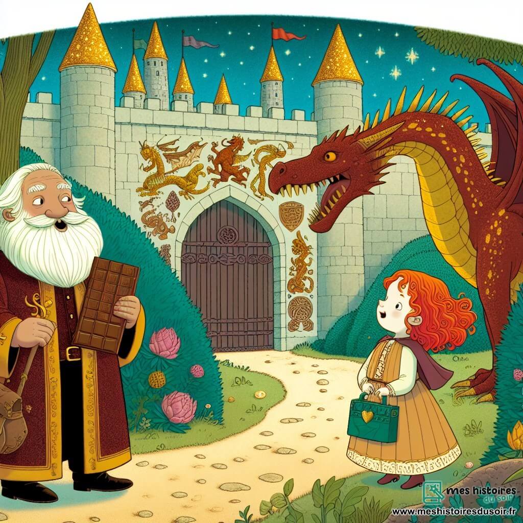 Une illustration destinée aux enfants représentant un marchand de chocolat jovial se retrouvant face à un dragon majestueux dans une clairière secrète, entouré d'une jeune fille aux cheveux flamboyants, dans les Terres des Dragons, un château aux tours étincelantes et aux murailles ornées de symboles anciens.