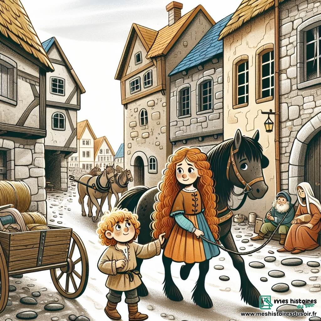 Une illustration destinée aux enfants représentant une fillette aux cheveux bouclés couleur caramel se retrouvant piégée dans le Moyen Âge, accompagnée d'un jeune garçon vêtu de haillons, explorant des rues pavées bordées de maisons de pierre anciennes et de chevaux tirant des carrioles.