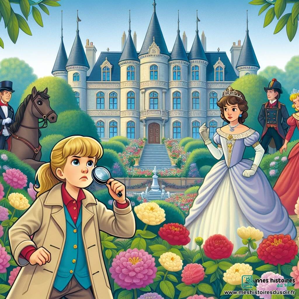 Une illustration destinée aux enfants représentant une jeune femme détective, résolvant le mystère d'un collier disparu avec l'aide d'une princesse rebelle, dans le somptueux château de Clairville entouré de majestueux jardins fleuris.