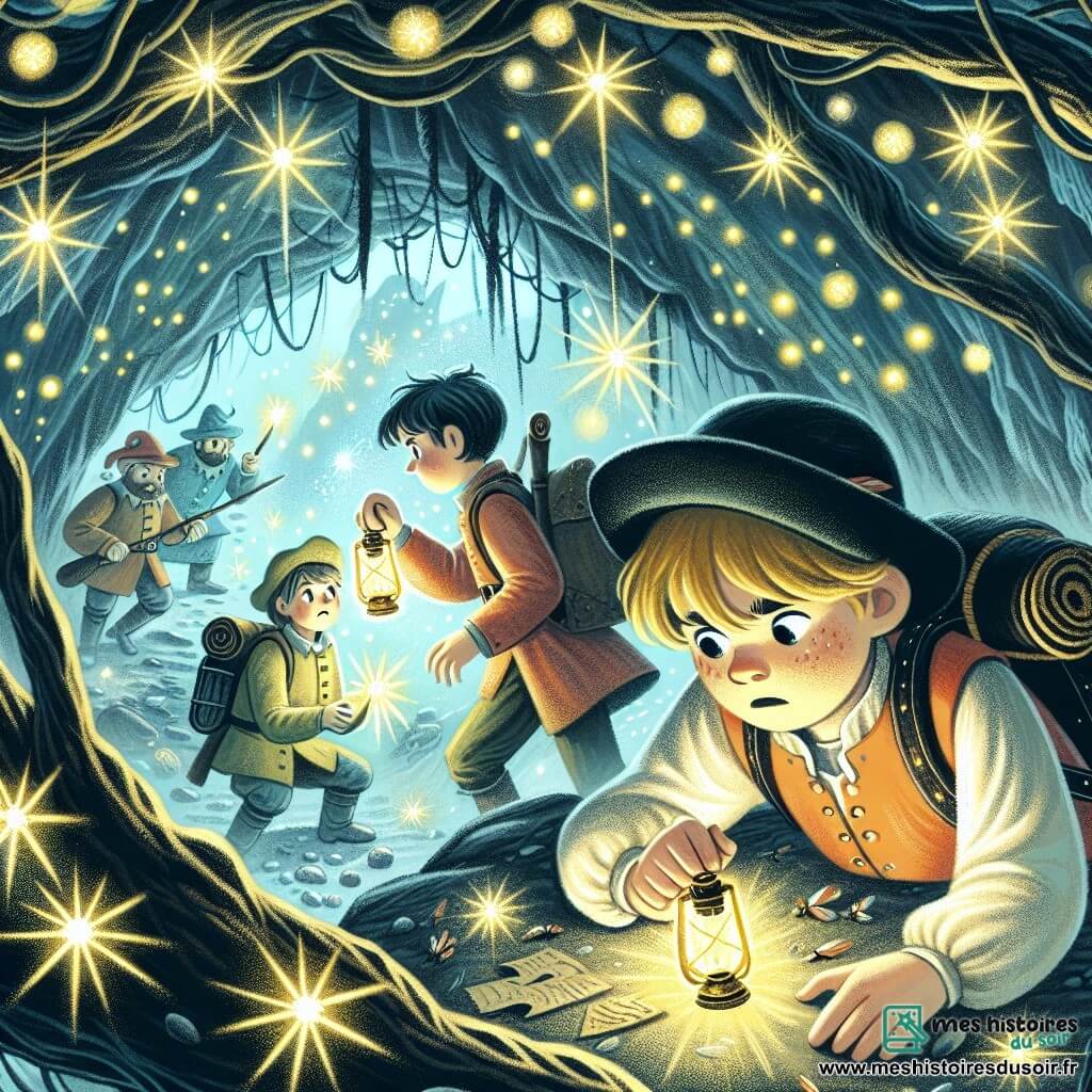 Une illustration destinée aux enfants représentant un jeune garçon intrépide résolvant un mystère avec l'aide d'un explorateur disparu, dans une grotte des lucioles enchantée et mystérieuse.