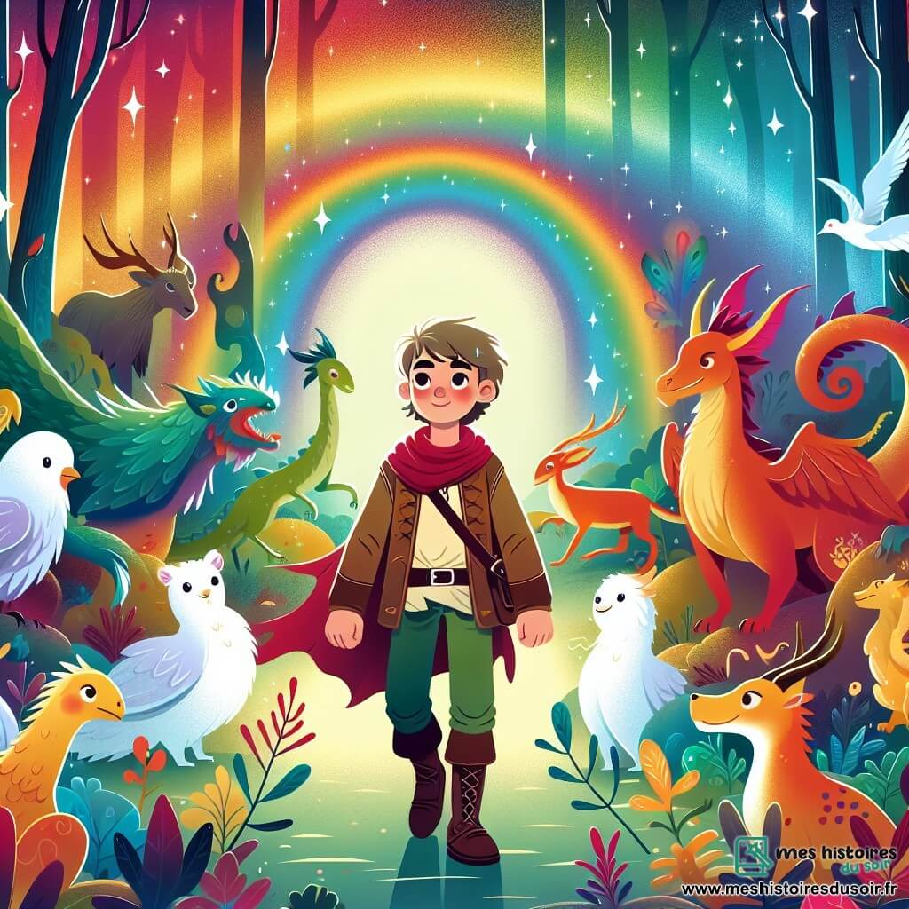 Une illustration destinée aux enfants représentant un jeune garçon au cœur vaillant, entouré de créatures fantastiques dans une forêt enchantée aux couleurs chatoyantes d'Arc-en-Ciel.